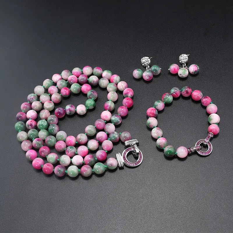 Parure de bijoux élégante rose et verte avec perles pour une sophistication au quotidien