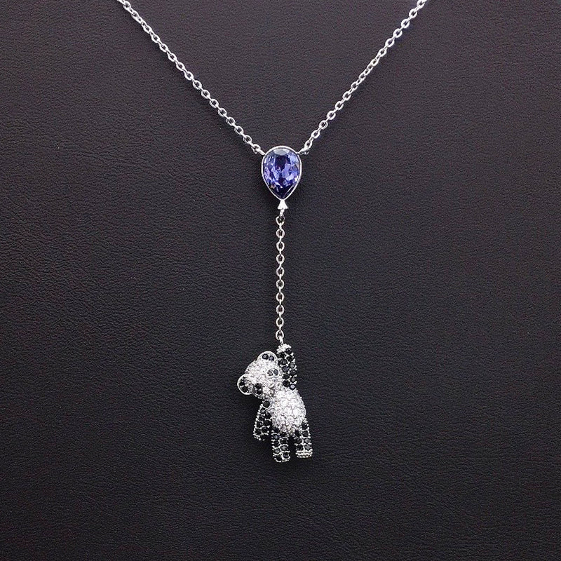Sparkling Teddy Bear Blue Teardrop Crystal Lariat Necklace for Cute Daily Style