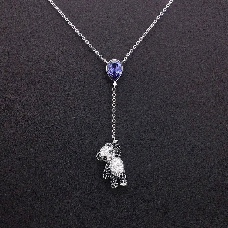 Collier cravate ourson étincelant en cristal bleu en forme de goutte pour un style quotidien mignon