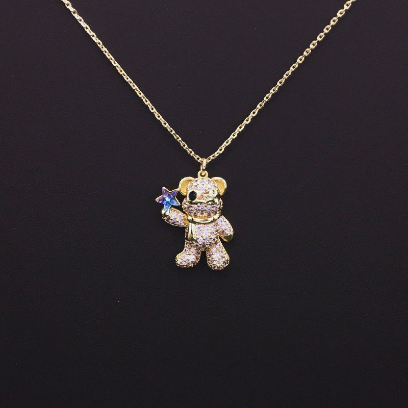 Sparkling Teddy Bear Necklace with Blue Crystal Star for Cute Daily Wear