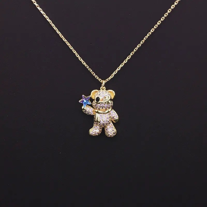 Collier Ourson Scintillant avec Étoile en Cristal Bleu pour un Style Quotidien Adorable