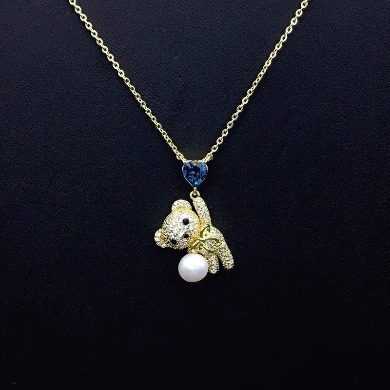 Collier Ours en Peluche Scintillant avec Cristal Cœur Bleu et Perle pour Rendez-vous Romantiques