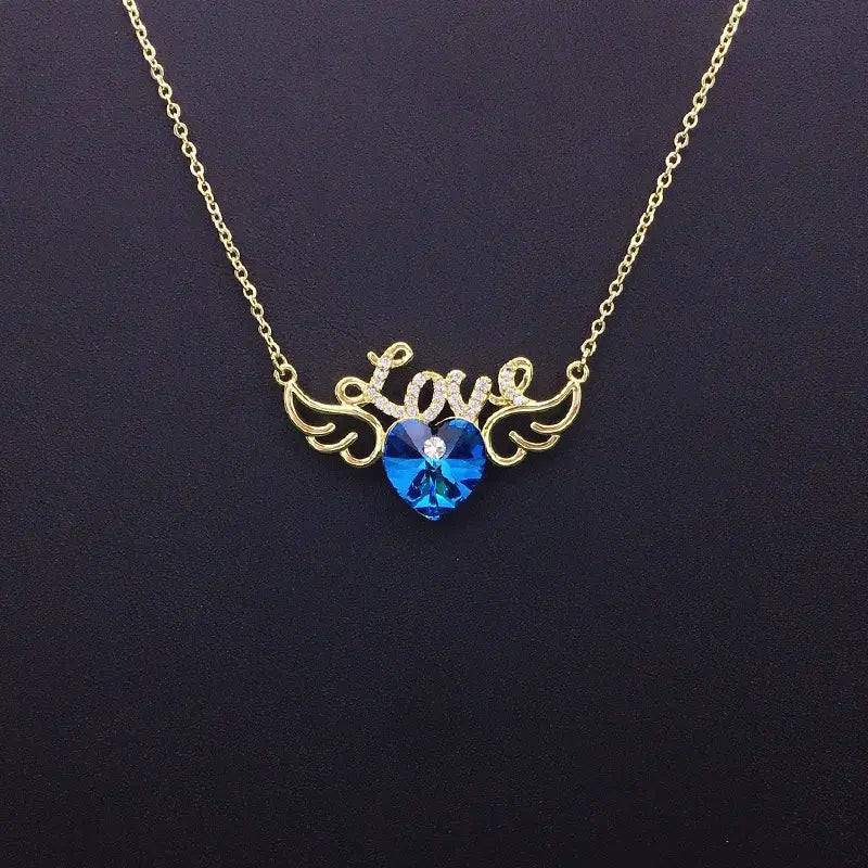 Collier Ailes Cœur Scintillant Cristal Bleu pour Rendez-vous Romantiques
