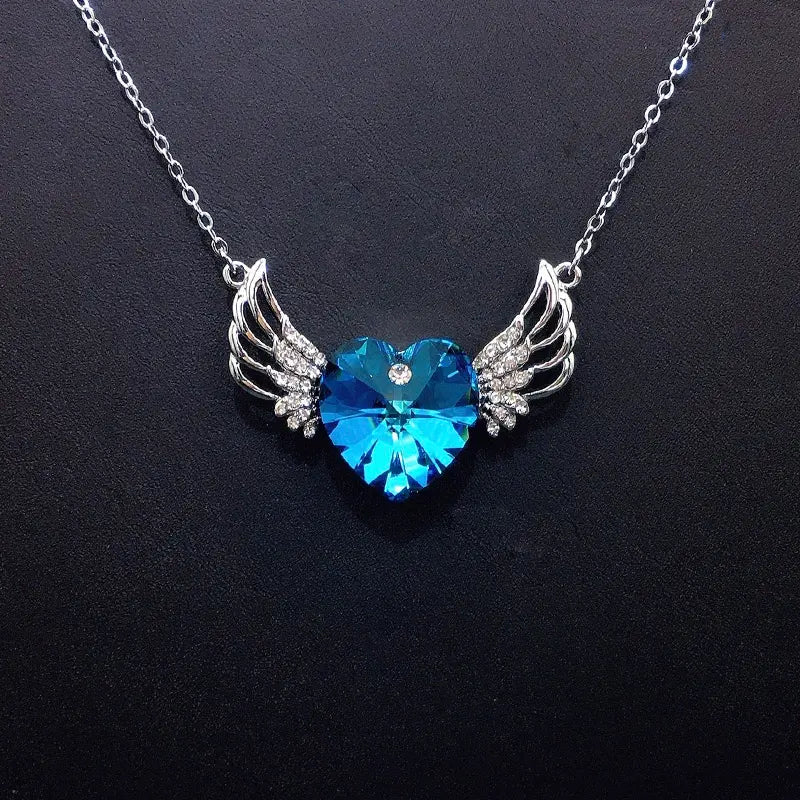 Collier Cœur Ailes d'Ange Or Scintillant avec Cristal Irisé pour Rendez-vous Romantiques