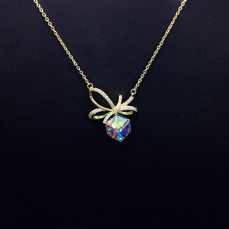 Chic Gold Necklace with Blue Crystal Bow for Daily Sophistication