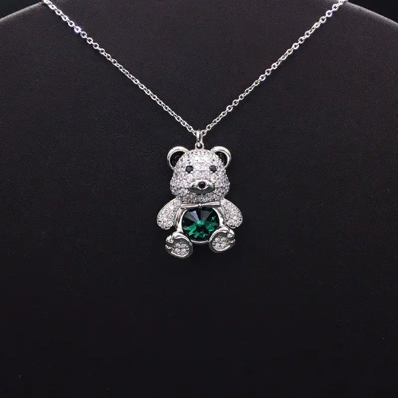 Collier élégant ourson en plaqué argent avec cristal bleu pour les occasions formelles