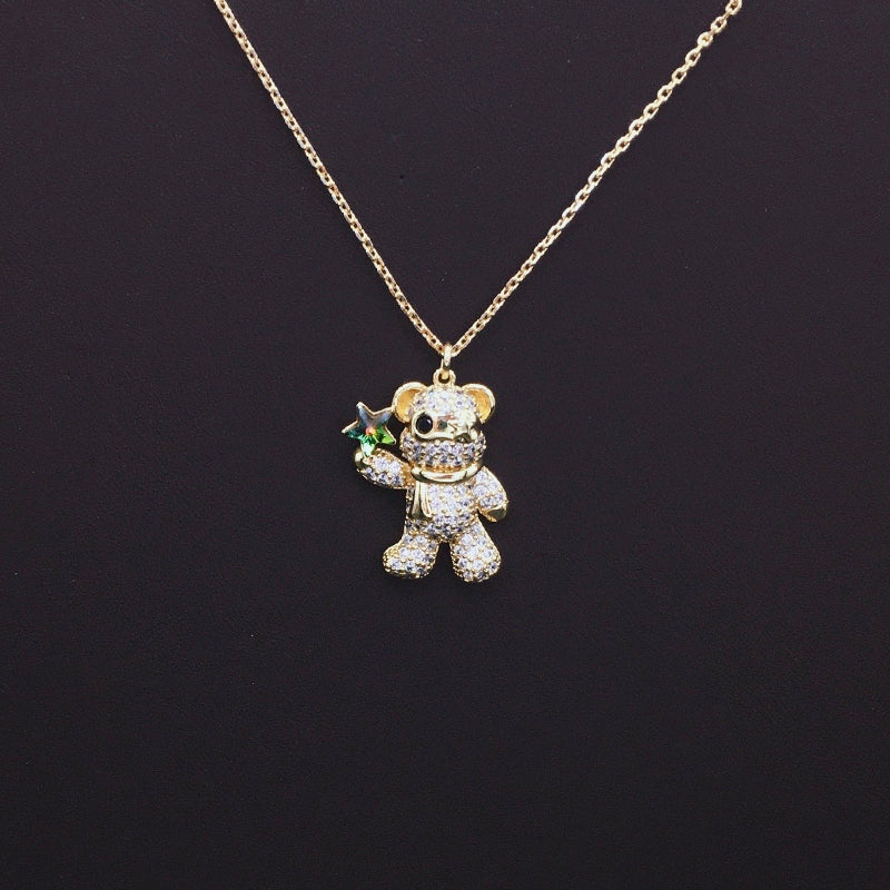 Sparkling Teddy Bear Necklace with Blue Crystal Star for Cute Daily Wear