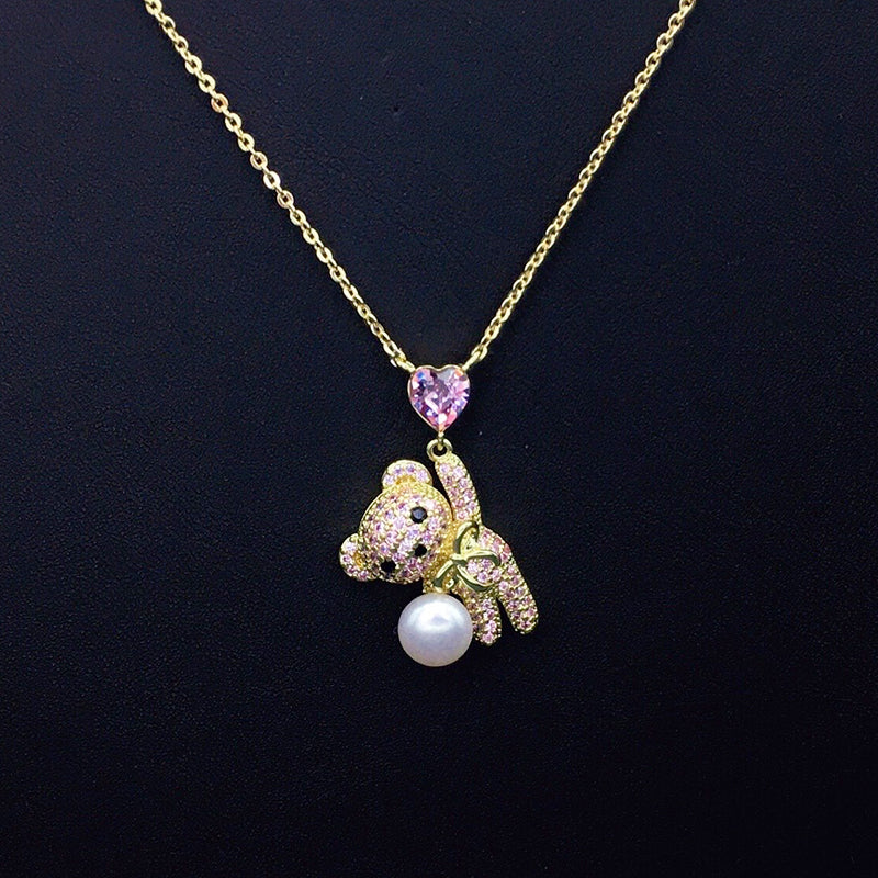 Sparkling Teddy Bear Necklace with Blue Heart Crystal & Pearl for Romantic Dates