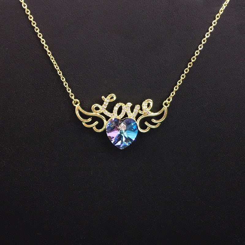 Sparkling Love Heart Wing Blue Crystal Necklace for Romantic Dates