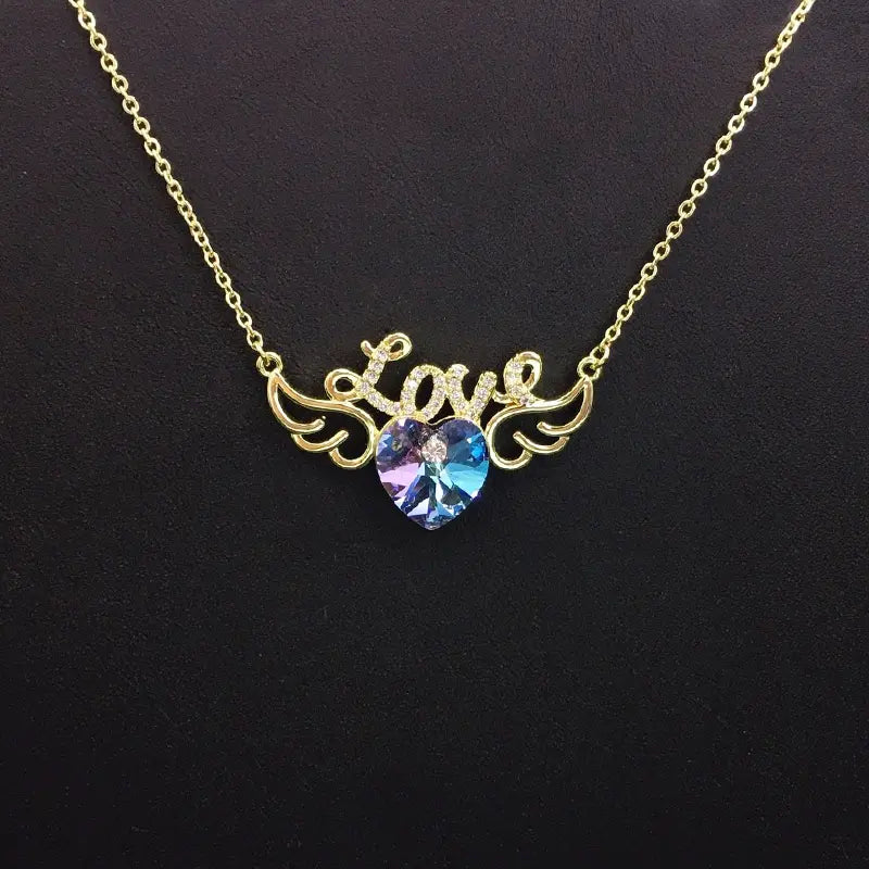 Collier Ailes Cœur Scintillant Cristal Bleu pour Rendez-vous Romantiques