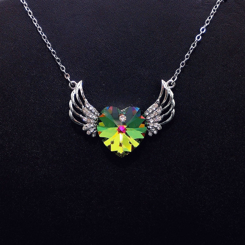 Sparkling Gold Angel Wings Heart Necklace with Iridescent Crystal for Romantic Dates