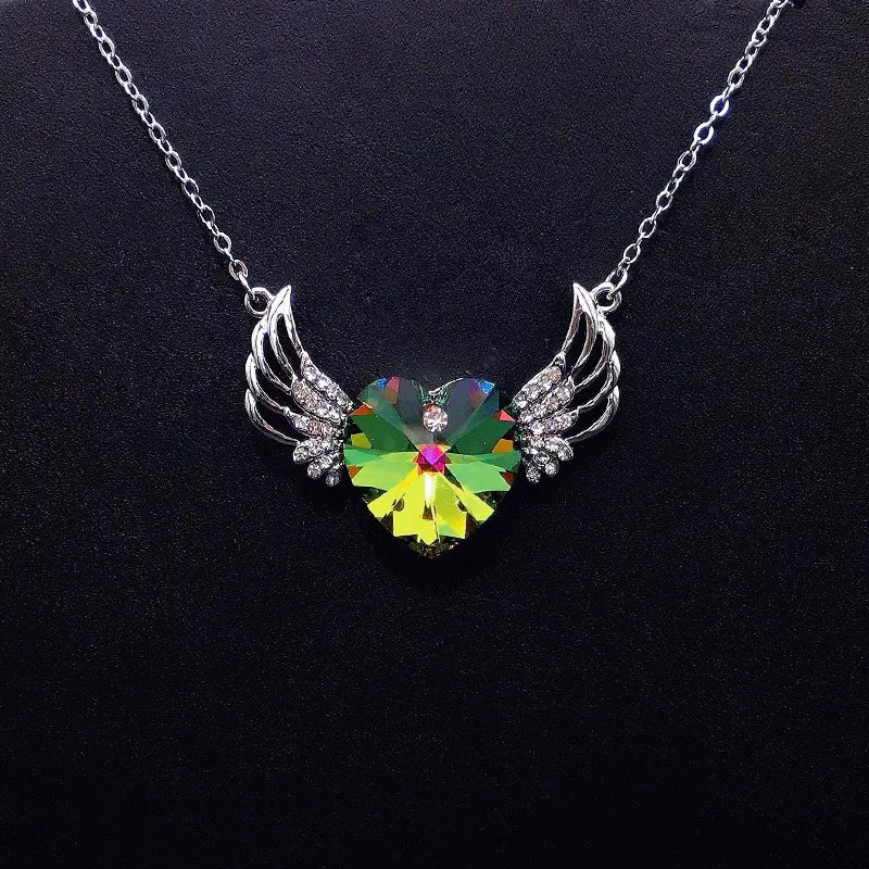 Collier Cœur Ailes d'Ange Or Scintillant avec Cristal Irisé pour Rendez-vous Romantiques