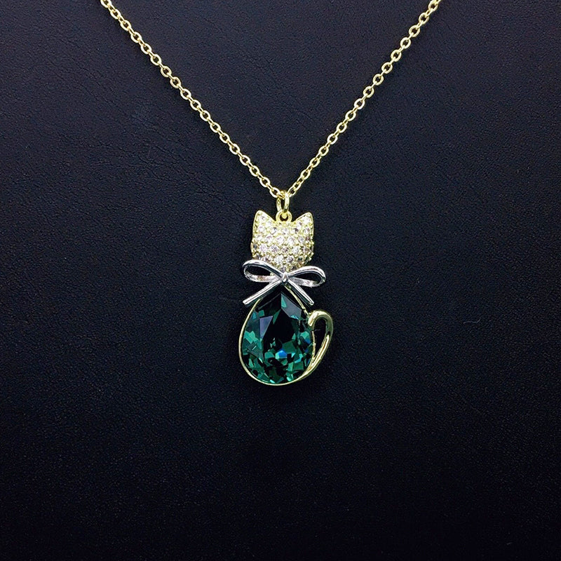 Elegant Silver Cat - shaped Pendant Necklace with Blue Crystal for Formal Events