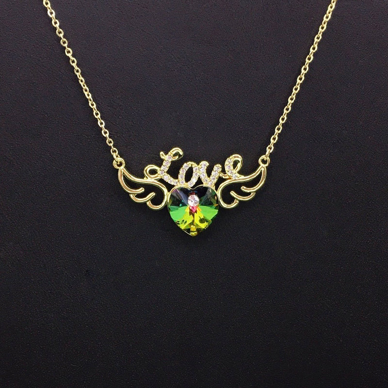 Sparkling Love Heart Wing Blue Crystal Necklace for Romantic Dates