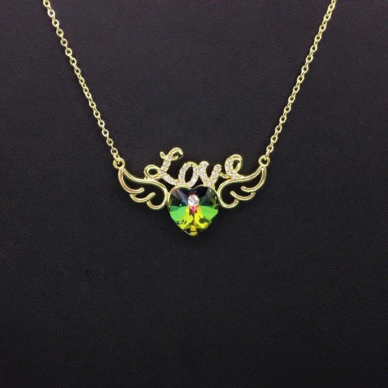 Collier Ailes Cœur Scintillant Cristal Bleu pour Rendez-vous Romantiques