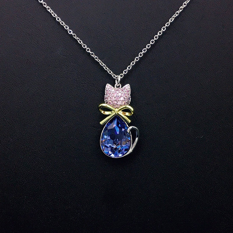 Elegant Silver Cat - shaped Pendant Necklace with Blue Crystal for Formal Events