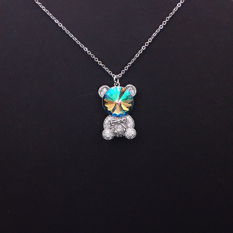 Trendy Teddy Bear Necklace with Blue Crystal and Bow for Fashion - lovers