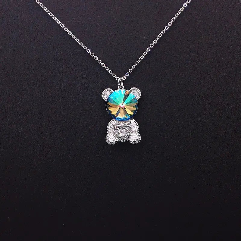 Collier tendance ours en peluche avec cristal bleu et nœud pour les amoureux de la mode
