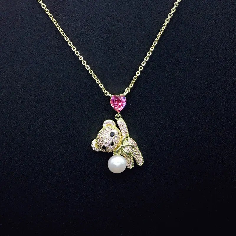 Collier Ours en Peluche Scintillant avec Cristal Cœur Bleu et Perle pour Rendez-vous Romantiques