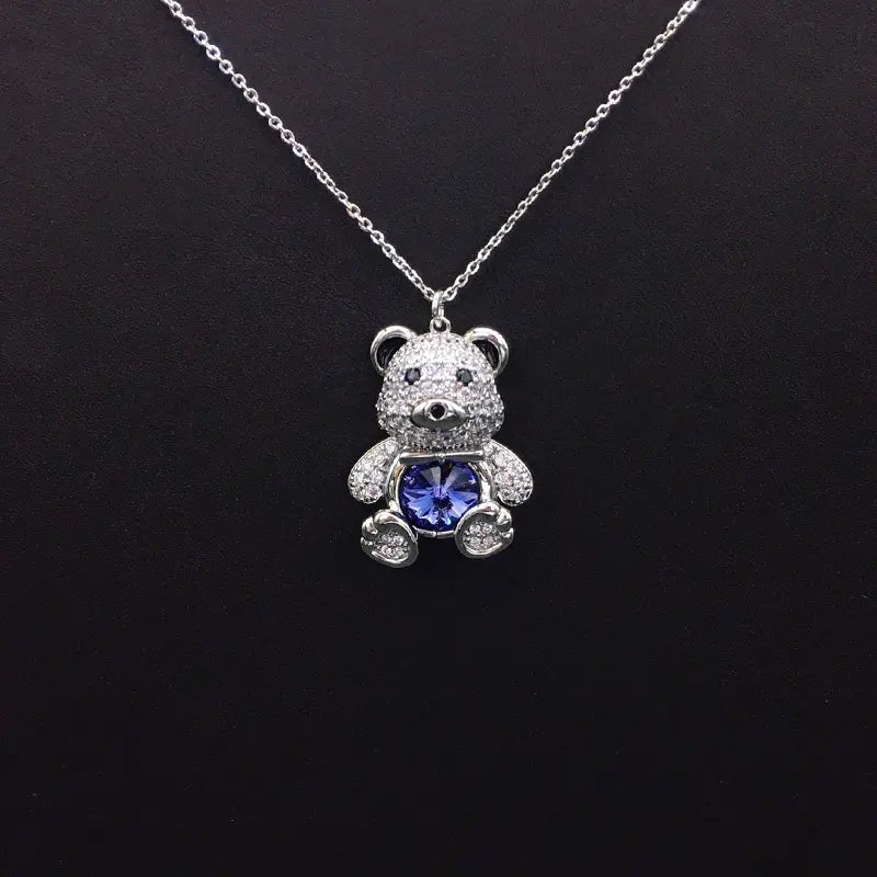 Collier élégant ourson en plaqué argent avec cristal bleu pour les occasions formelles