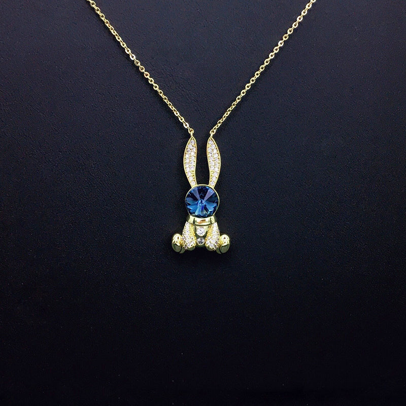 Cute Bunny Blue Crystal Necklace with Sparkling Rhinestones for Daily Chic