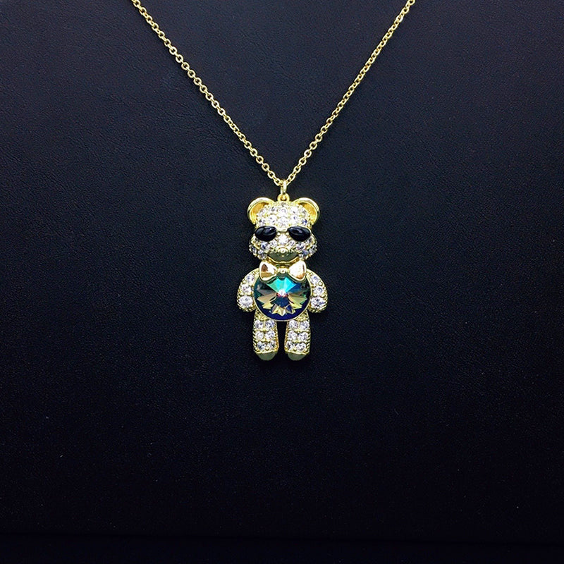 Stylish Sunglasses Teddy Bear Necklace with Rhinestones & Iridescent Crystal as a Gift