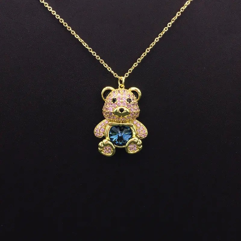 Collier élégant ourson en plaqué argent avec cristal bleu pour les occasions formelles