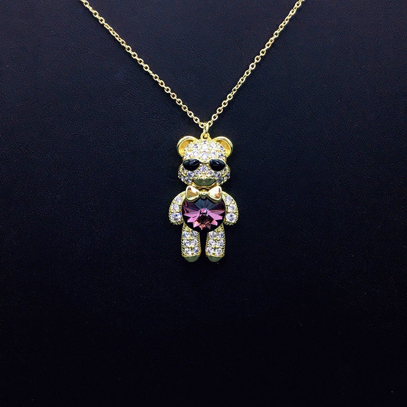 Stylish Sunglasses Teddy Bear Necklace with Rhinestones & Iridescent Crystal as a Gift