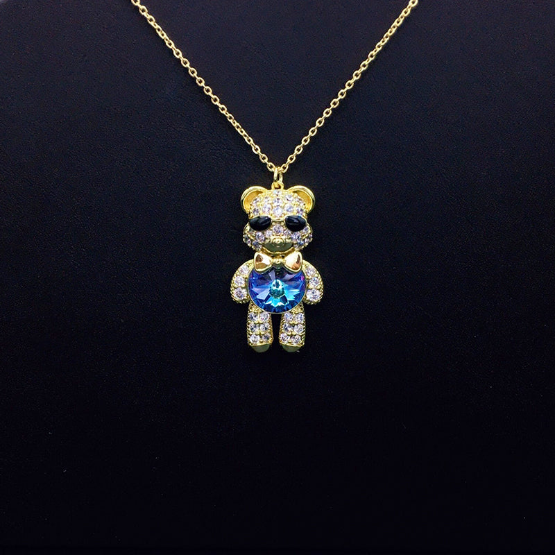 Stylish Sunglasses Teddy Bear Necklace with Rhinestones & Iridescent Crystal as a Gift