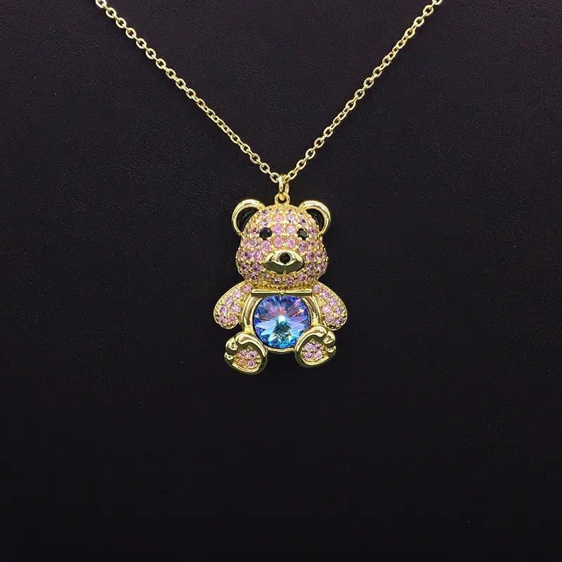 Collier élégant ourson en plaqué argent avec cristal bleu pour les occasions formelles