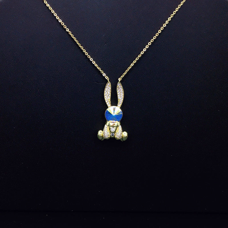 Cute Bunny Blue Crystal Necklace with Sparkling Rhinestones for Daily Chic