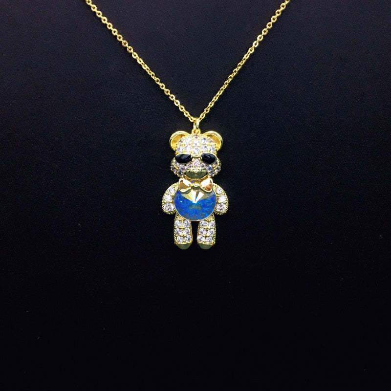 Stylish Sunglasses Teddy Bear Necklace with Rhinestones & Iridescent Crystal as a Gift