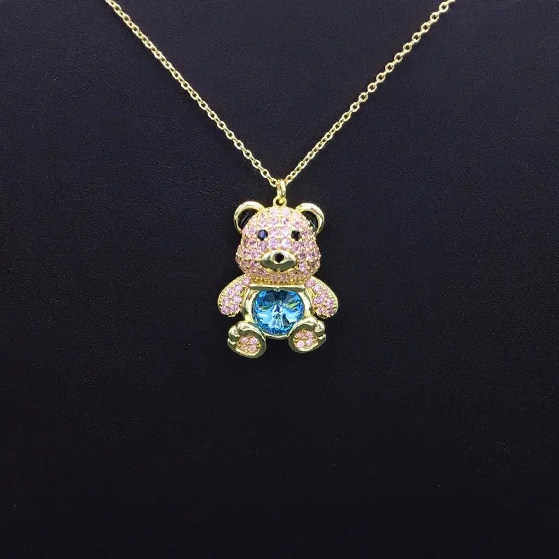 Collier élégant ourson en plaqué argent avec cristal bleu pour les occasions formelles