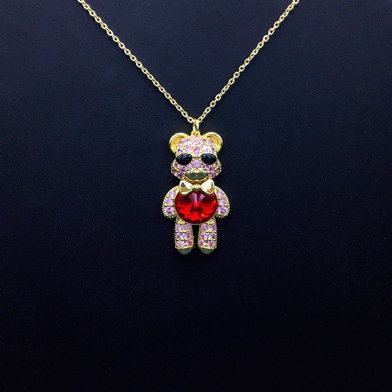 Stylish Sunglasses Teddy Bear Necklace with Rhinestones & Iridescent Crystal as a Gift