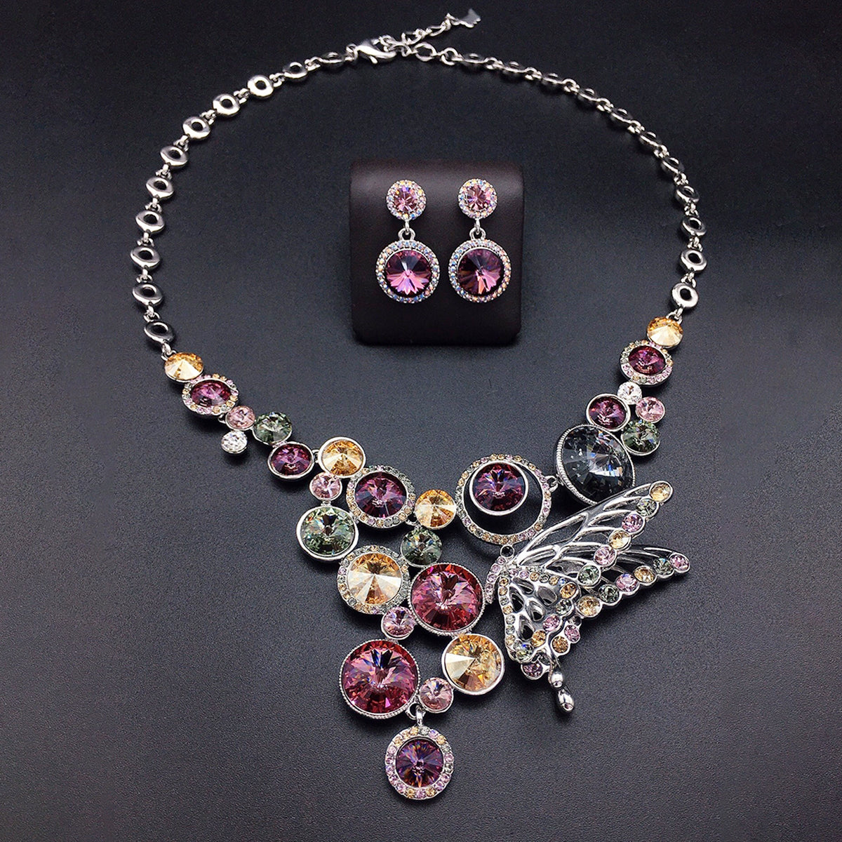 Elegant Color Crystal Butterfly Pendant Necklace Jewelry Set