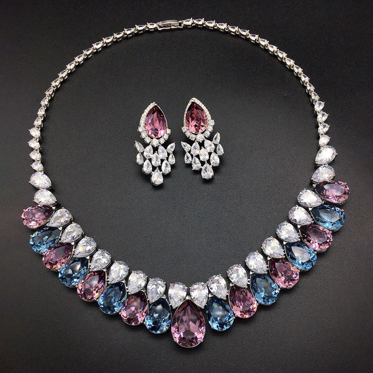 Luxury Sapphire Blue Teardrop Crystal Jewelry Set – Statement Necklace & Earrings