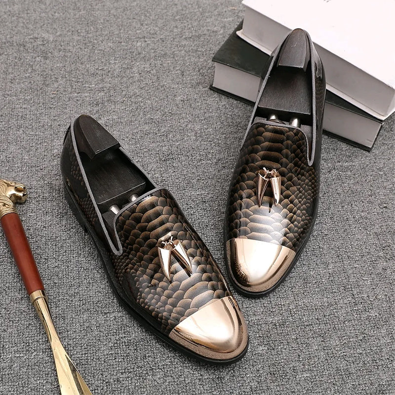 Original schlange loafer männer metall runde kopf retro leder schuhe