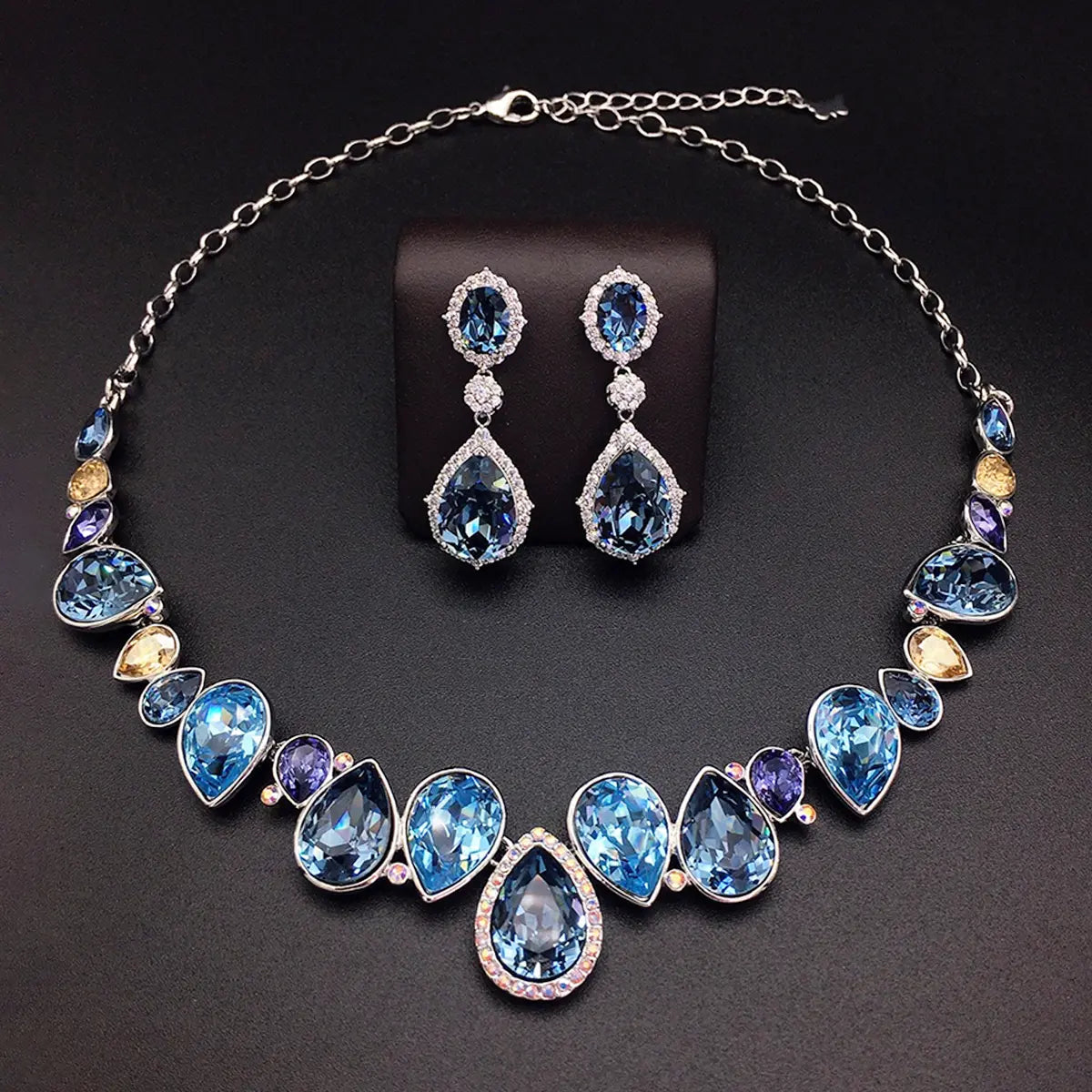 Parure Collier et Boucles d'Oreilles de Luxe Goutte Cristal Bleu Océan