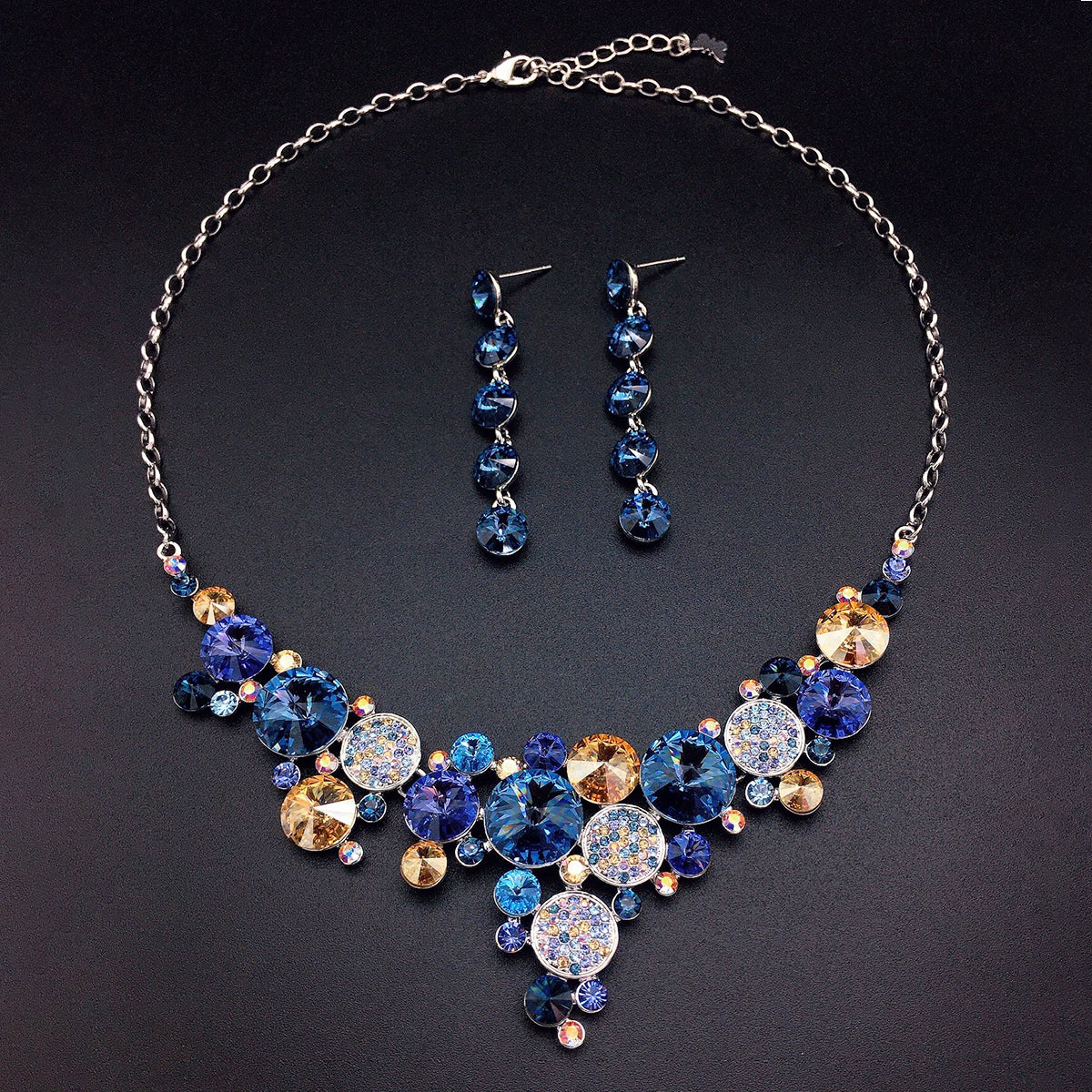 Parure collier et boucles d'oreilles tendance en cristal rond multicolore de luxe