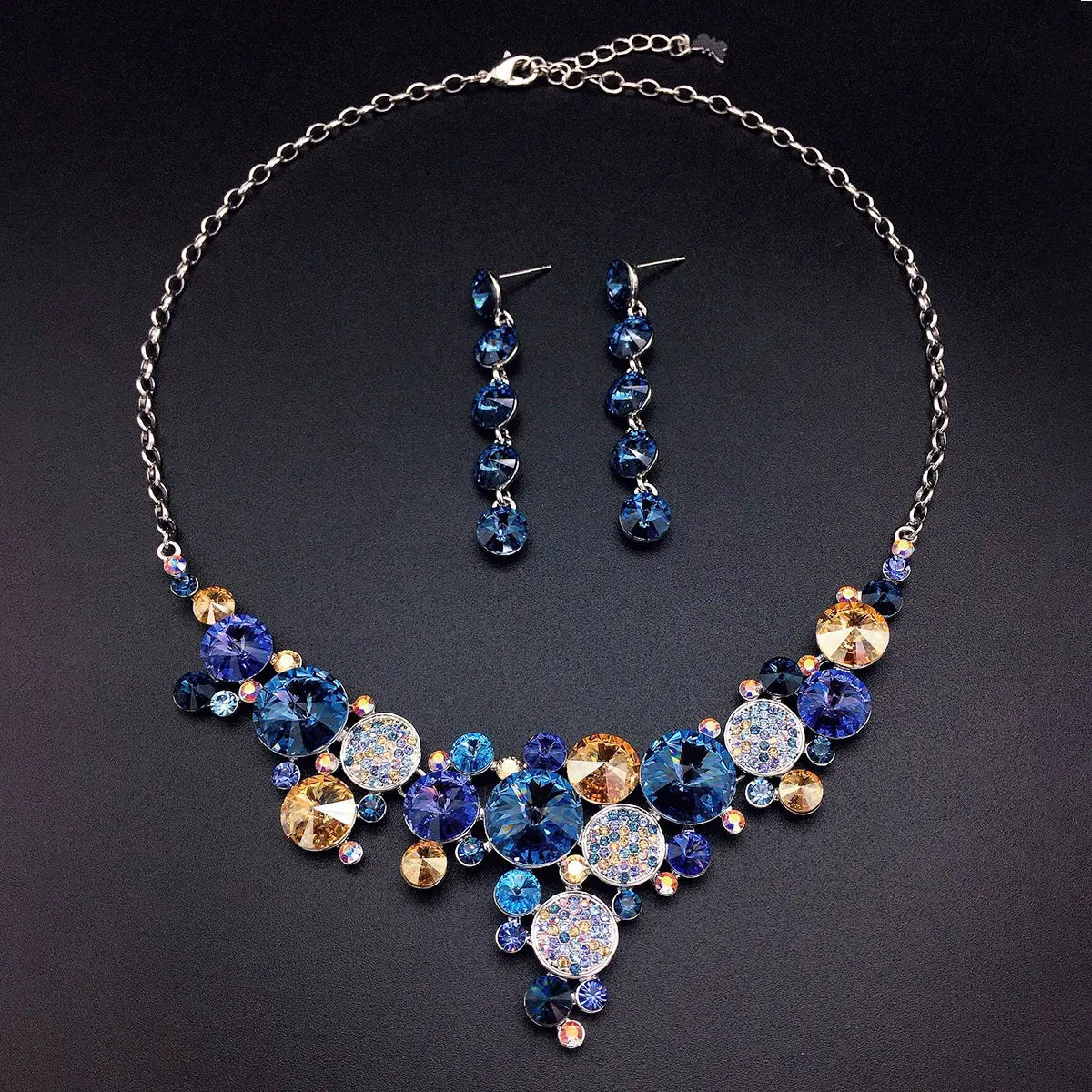 Parure collier et boucles d'oreilles tendance en cristal rond multicolore de luxe