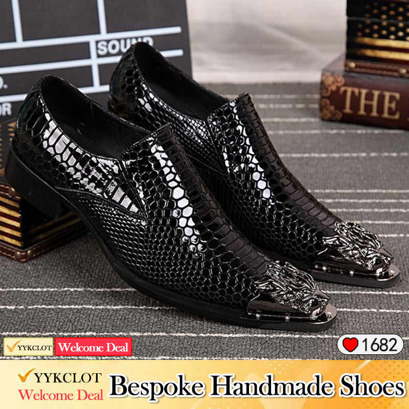 Black snake patterned metal toe handmade formal dress shoes