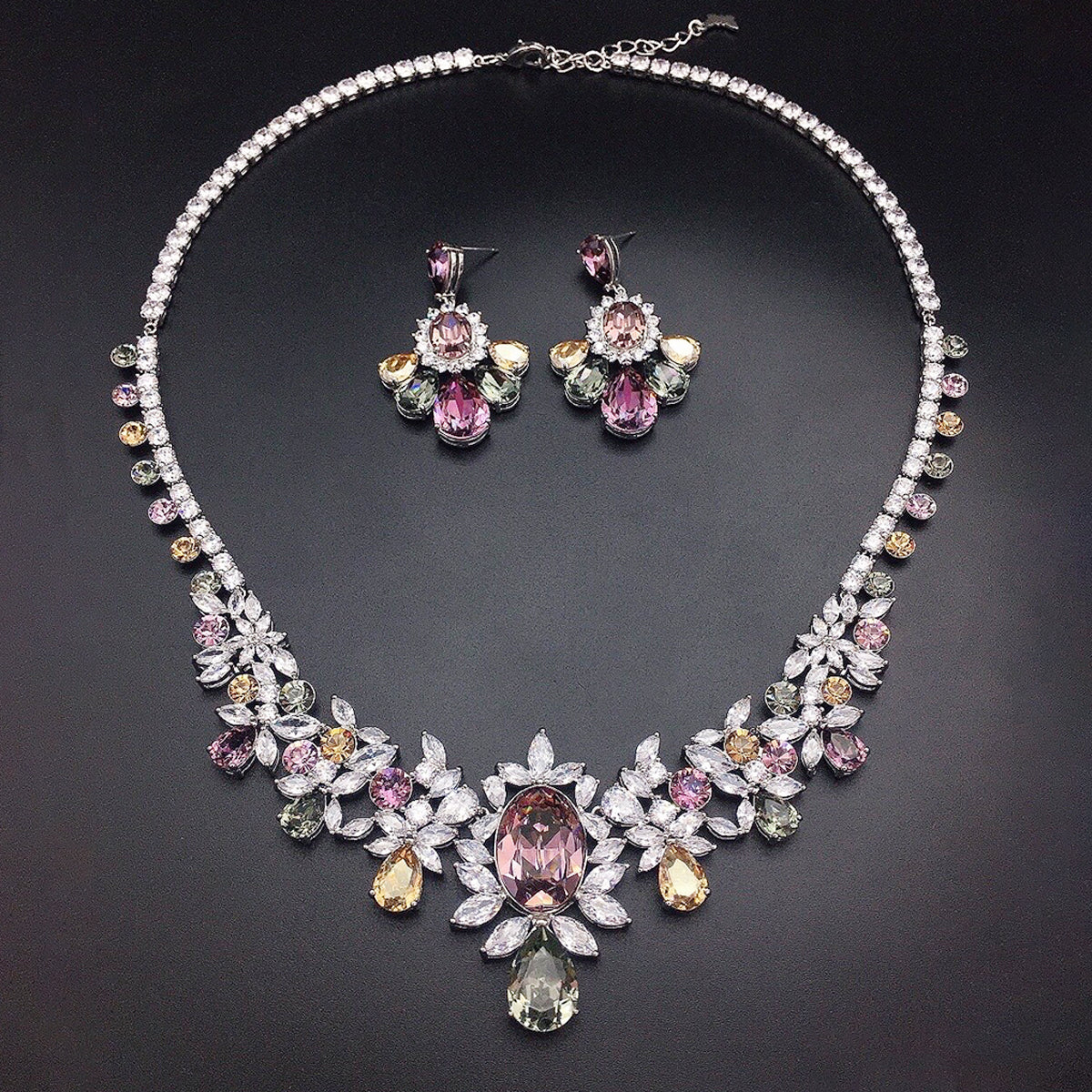 Elegant Floral Multicolor Crystal Necklace and Earrings Jewelry Set