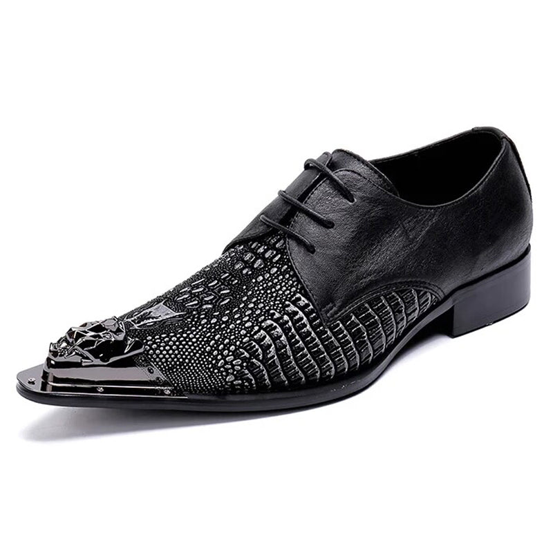 Black pointed crocodile patterned lace up dress shoes for men Plus Size black genuine leather banquet