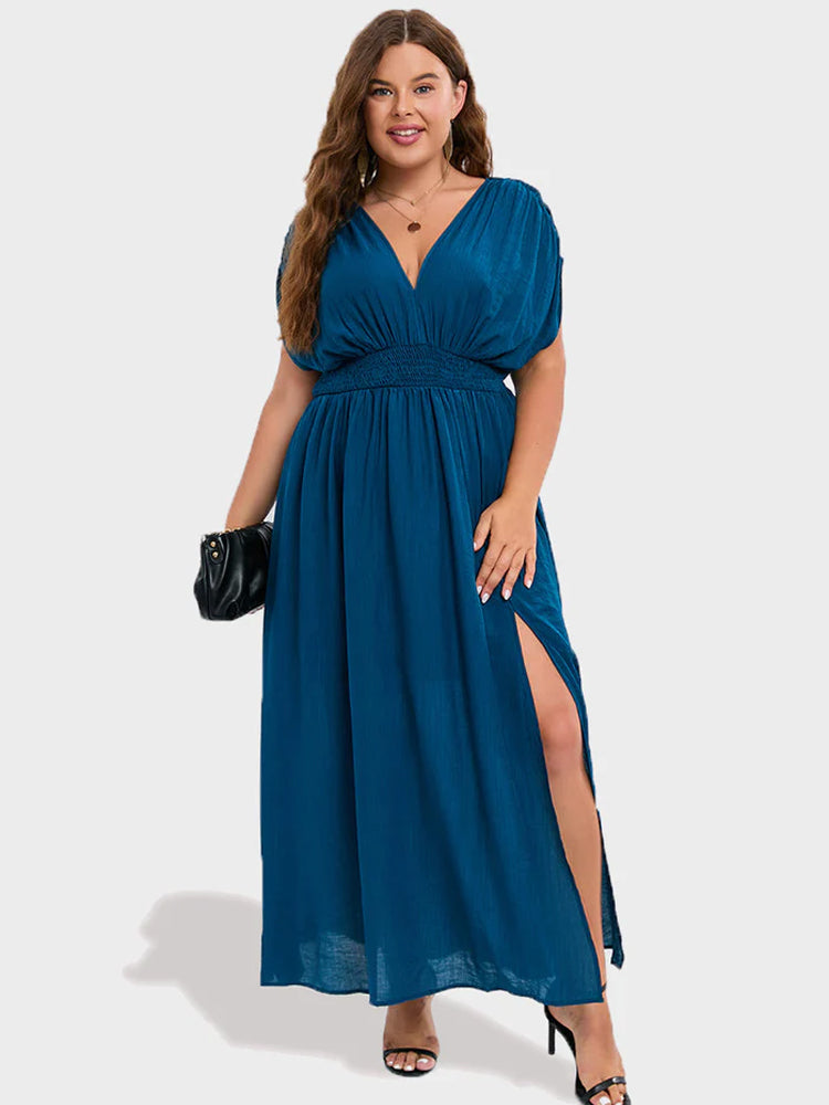 Fashionable V-Neck Dolman Sleeve Ruched Split Pocket Maxi Dress