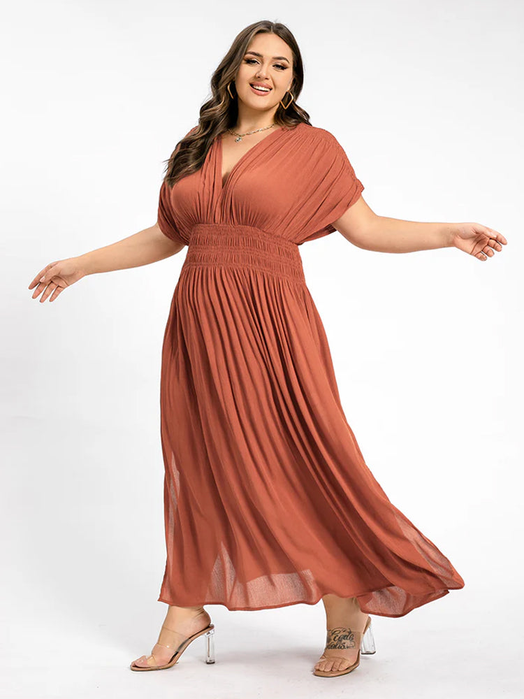 Fashionable V-neck batwing sleeve pocket pleated waist long skirt