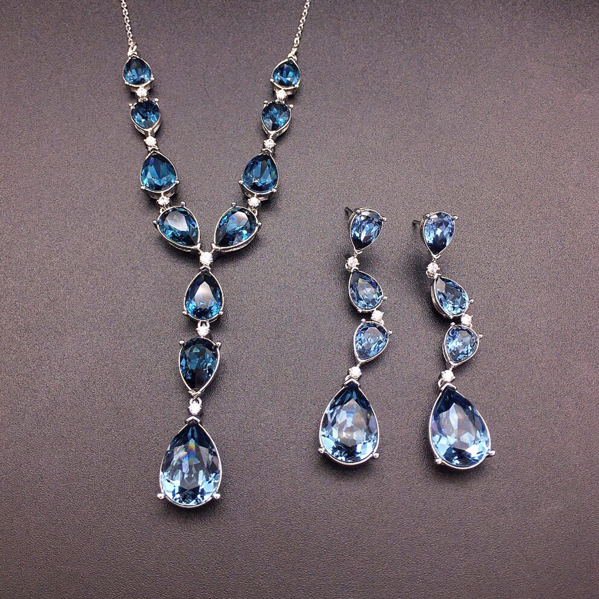Luxury Aquamarine Teardrop Crystal Drop Jewelry Set – Necklace & Earrings