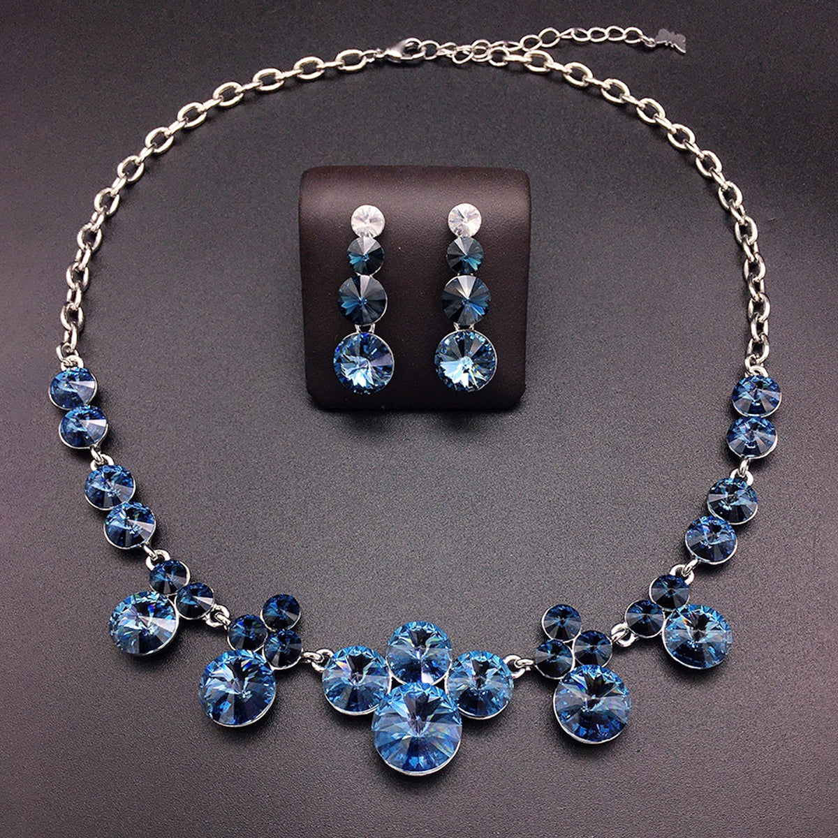 Luxury Blue Round Crystal Necklace and Earrings Jewelry Set