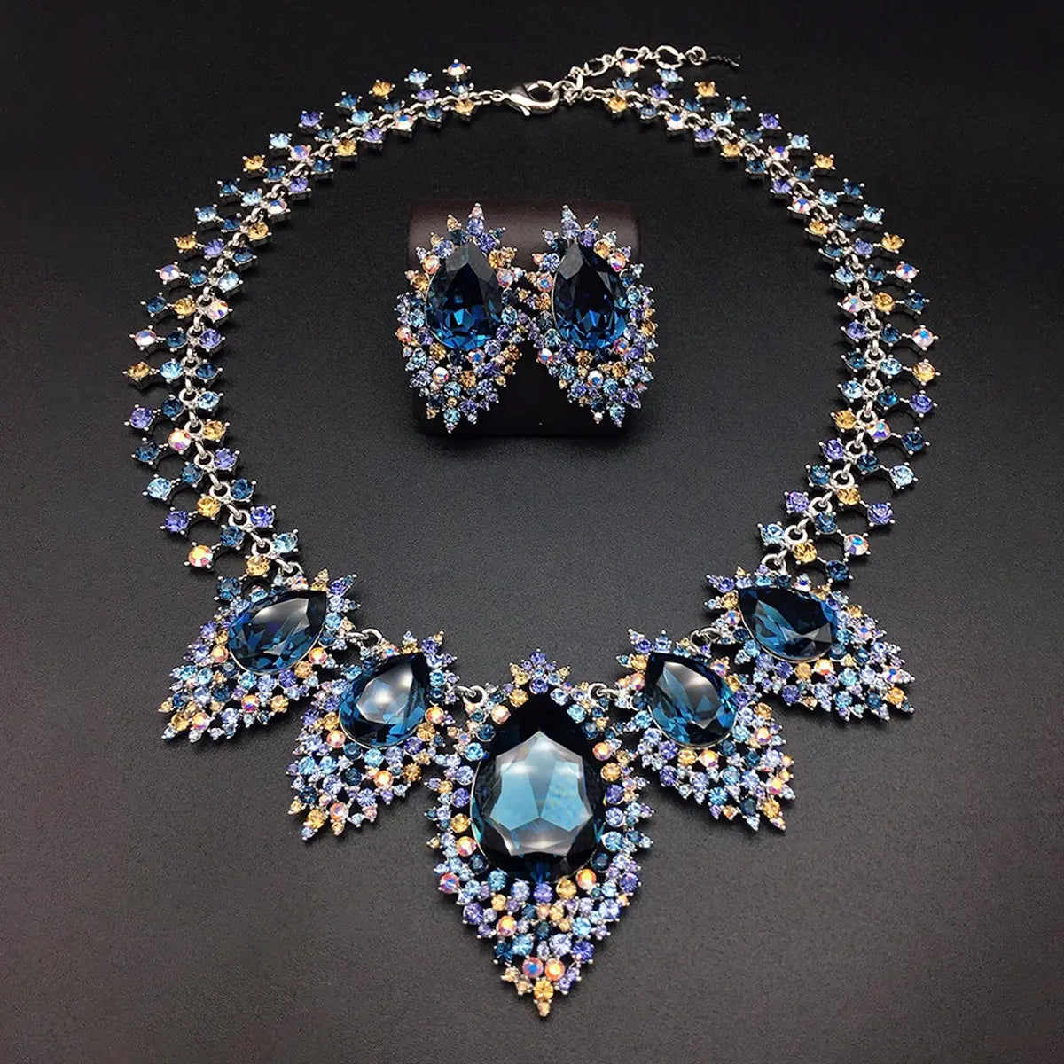 Parure de bijoux élégante Collier goutte en cristal bleu roi