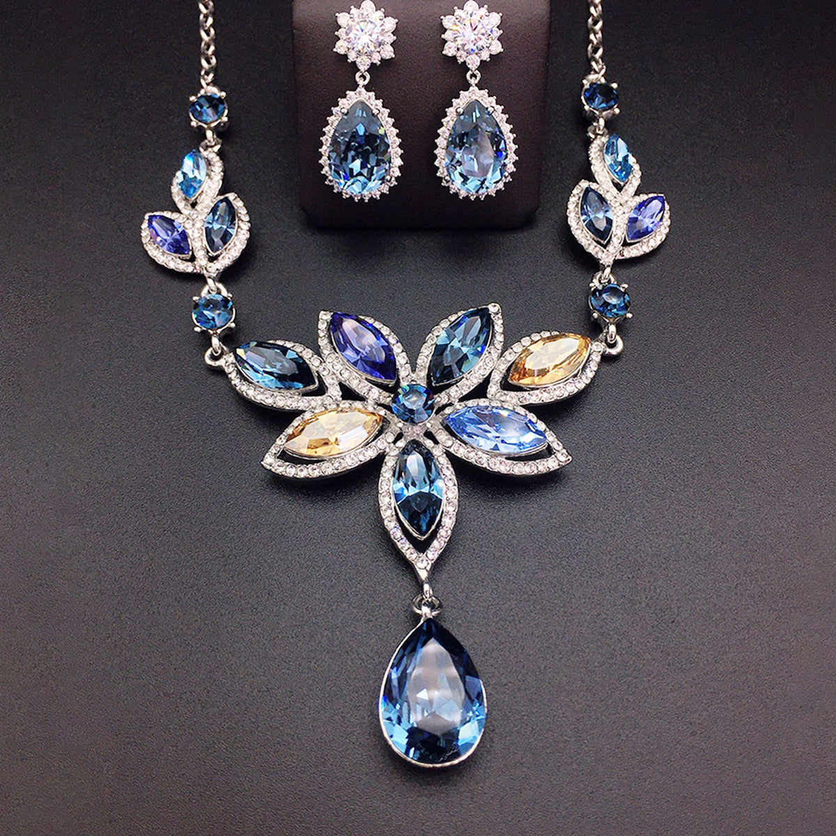 Luxury Blue Crystal Flower Necklace and Earrings Jewelry Set