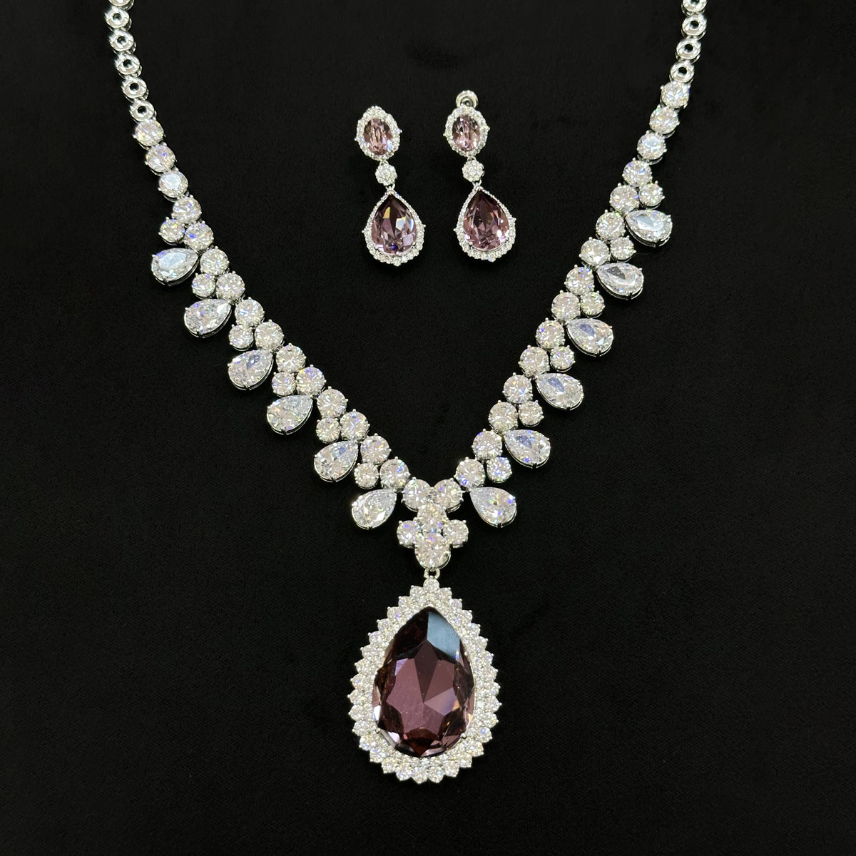 Luxury Purple Teardrop Crystal Necklace and Earrings Jewelry Set